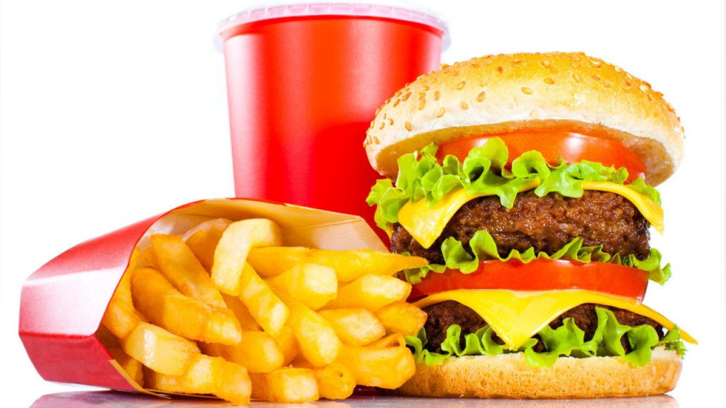 hamburger, fries and soda